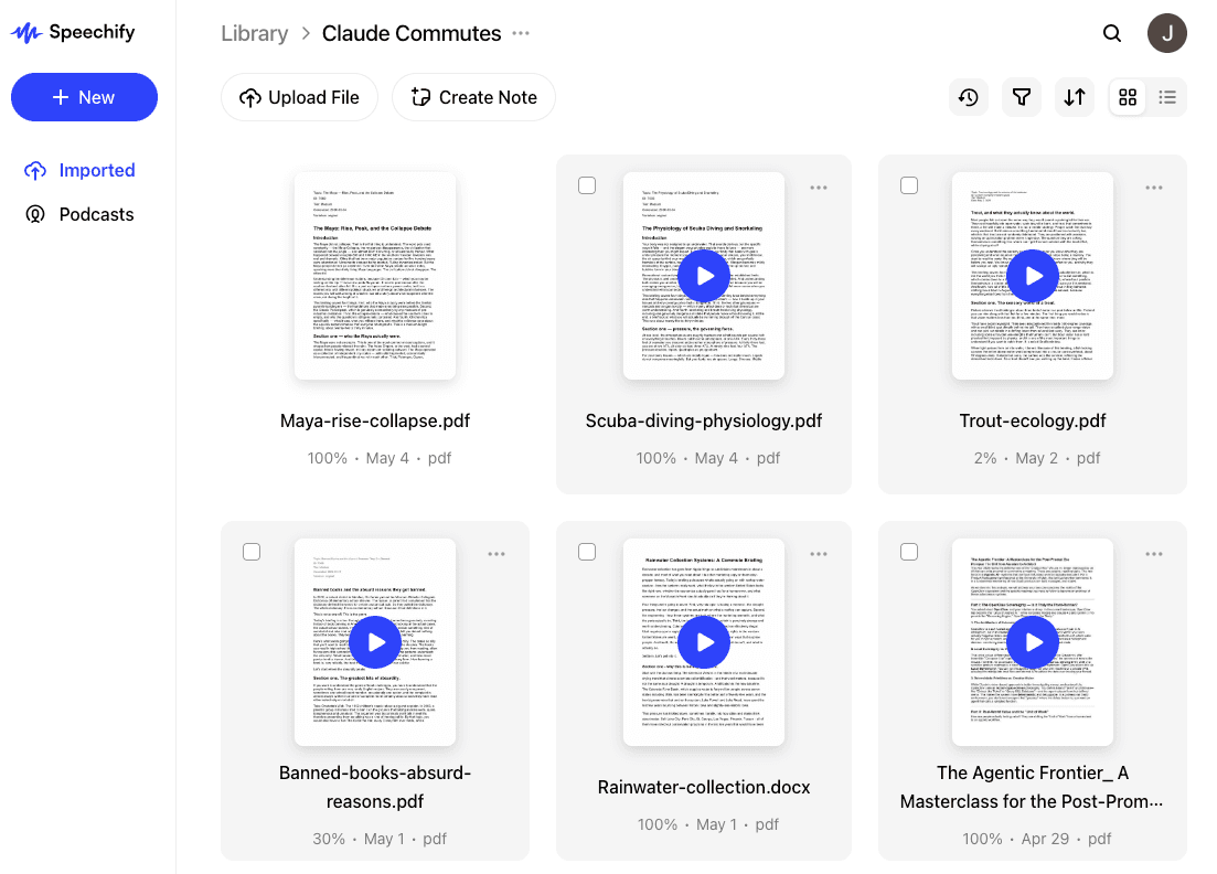Speechify library folder named Claude Commutes showing document tiles with play buttons