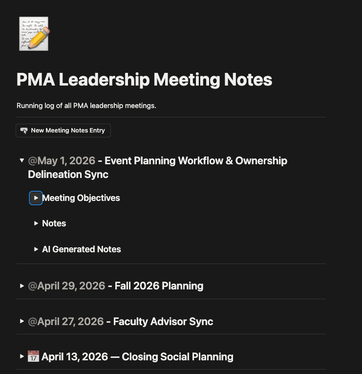 Notion page of PMA leadership meeting notes with dated, collapsible entries