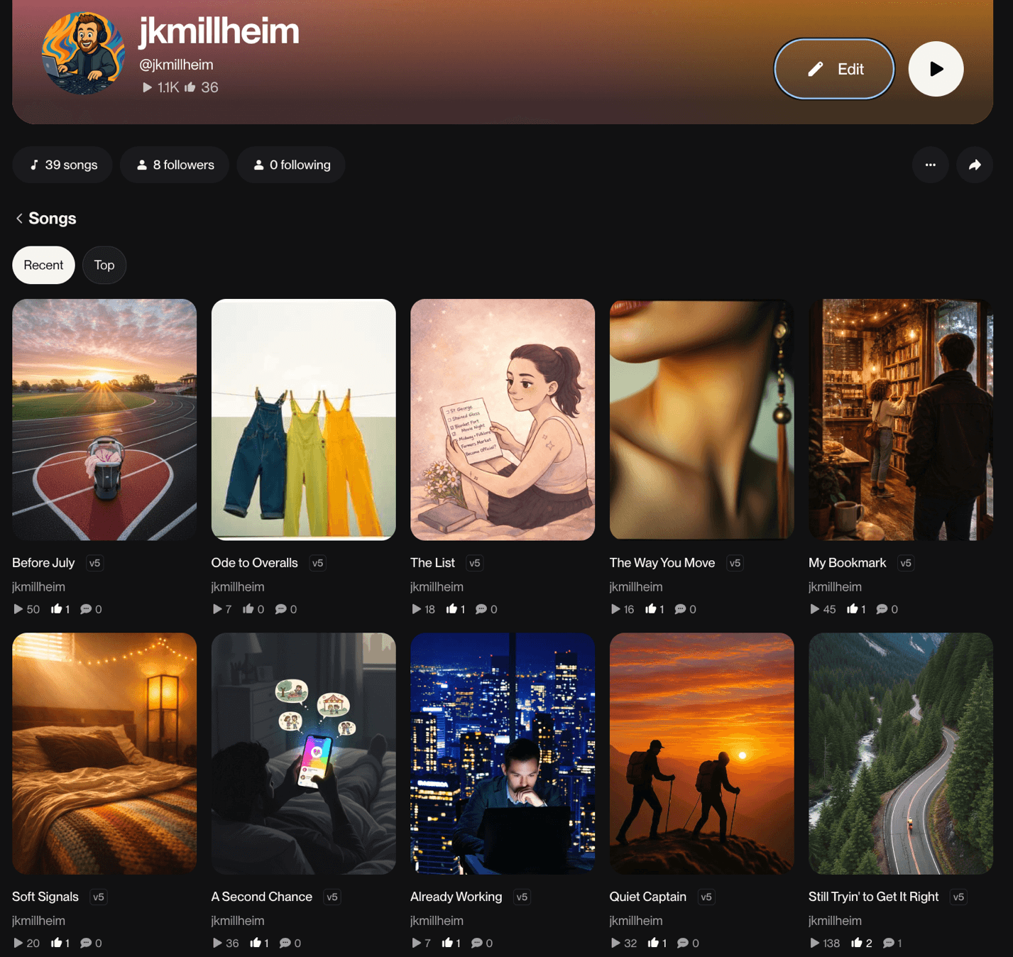 Suno profile page for jkmillheim showing dozens of AI-generated songs as a grid of cover-art tiles