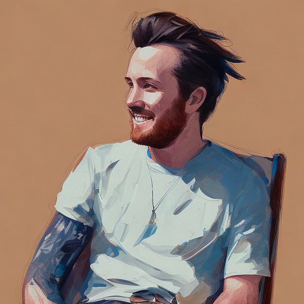 Painterly digital portrait of a smiling bearded man in a white shirt
