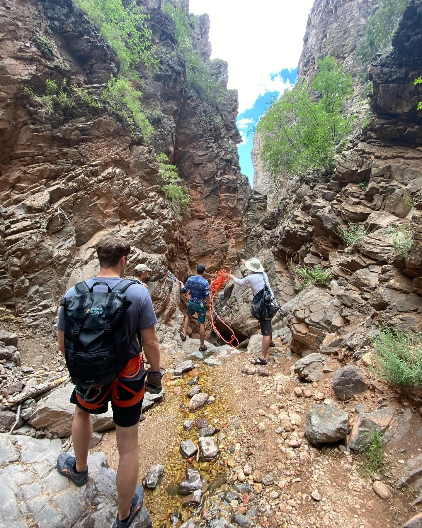 Hikers with backpacks walking up a narrow rocky canyon with green foliage